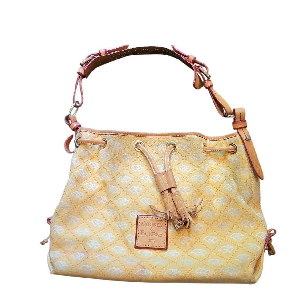 Dooney & Bourke Bag Yellow Jacquard Logo Shoulder Drawstring Bucket Vintage
